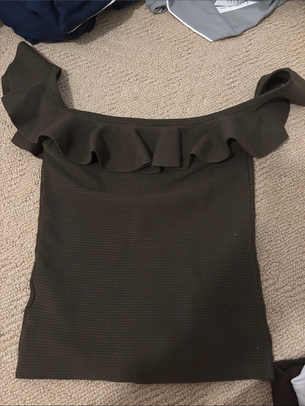 Express Olive Off-Shoulder Ruffle Crop Top - Picture 2 of 3